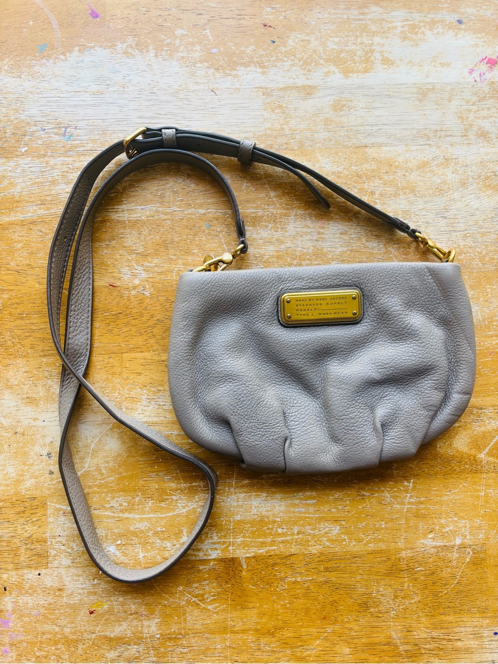 Marc by Marc Jacobs Gray Taupe Pebbled Leather Crossbody with Gold Plaque